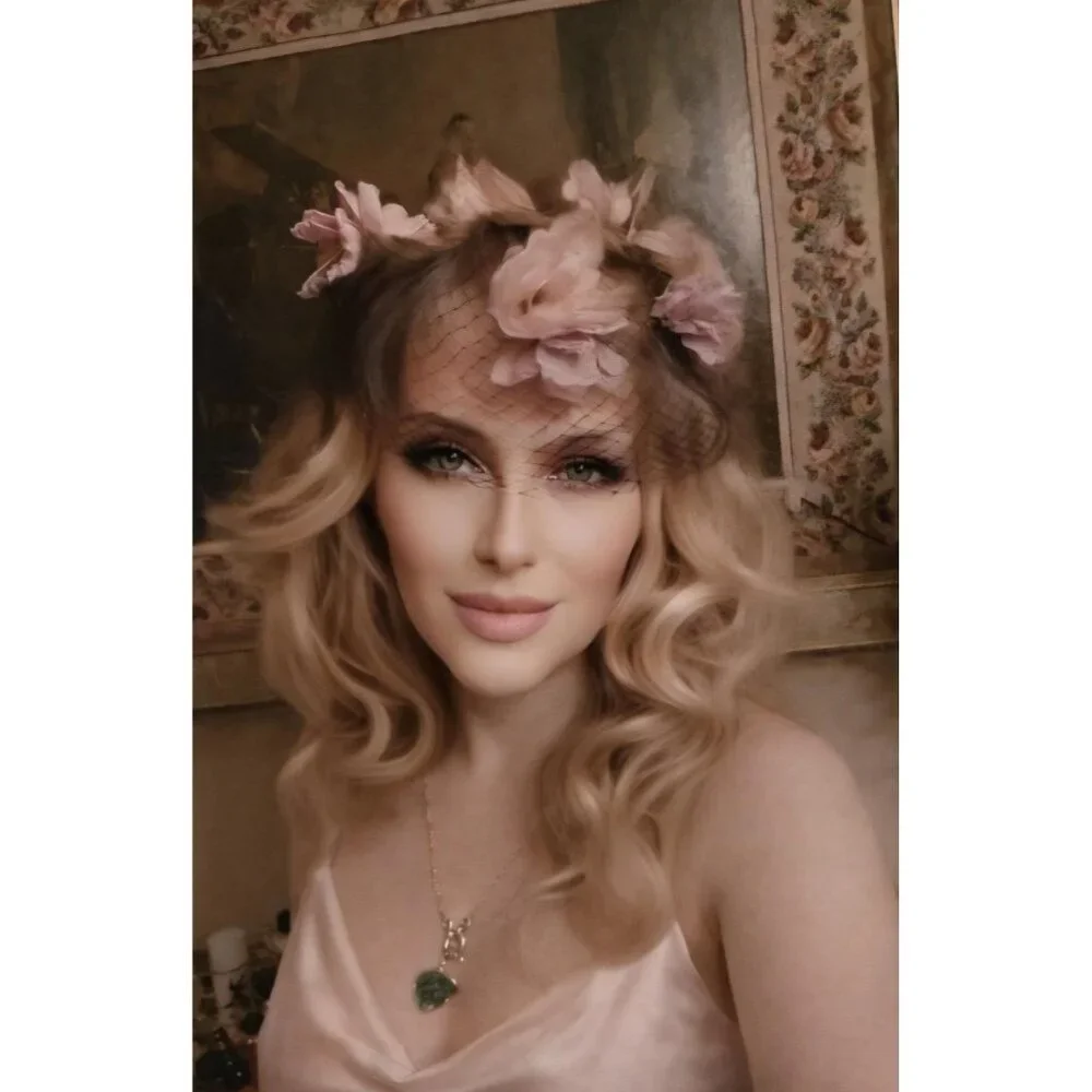 LOUIS Styled in California Vintage Floral Hat Black Net Pink Silk Roses